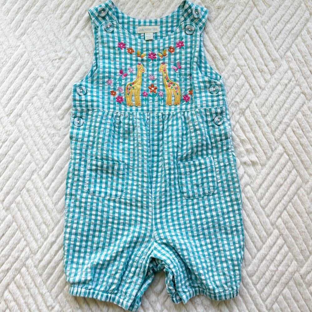 JoJo Maman Bebe 12-18M Gingham Giraffe Embroidered Bubble Romper Aqua